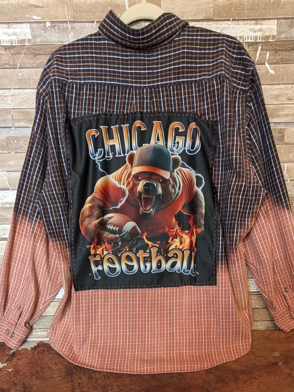 Chicago Bears Upcycled Dip Dyed Bleached Flannel Shirt